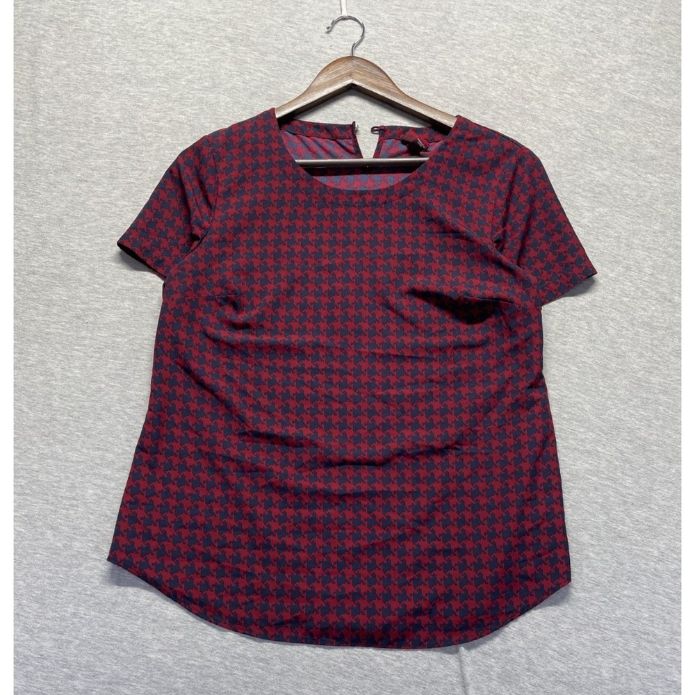 Merona Blouse Top Womens Medium Red Blue Allover Houndstooth Print Keyhole Back